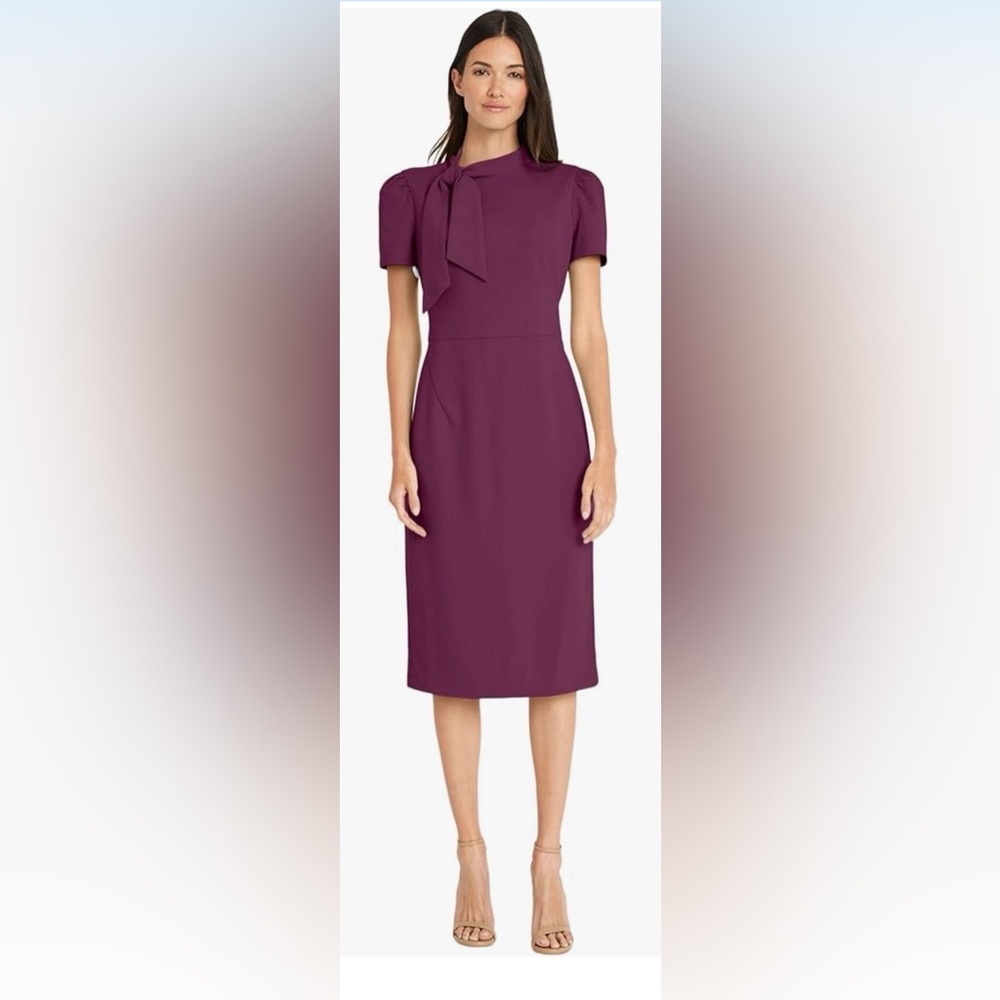 NWOT Maggy London Midi Short Sleeve Sheath Neck Tie, Plum, size 12